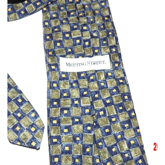 Meeting Street Necktie 100% Silk Green Blue Gold Made in USA Geometric Tie - Picture 5 of 5